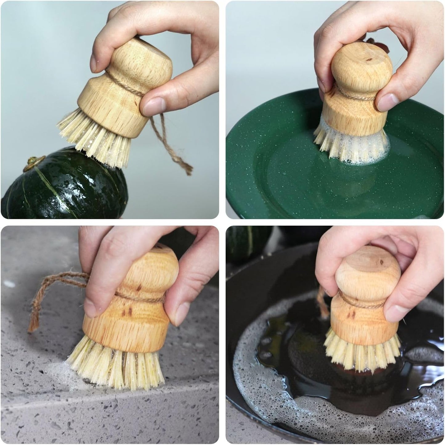 Bamboo Pot & Pan Cleaning Brush Set - 3 Pack Natural Dish Brushes Bamboo Scrub Dish Brushes, Durable Scrubber for Kitchen Pots, Pans, Vegetables & Fruit