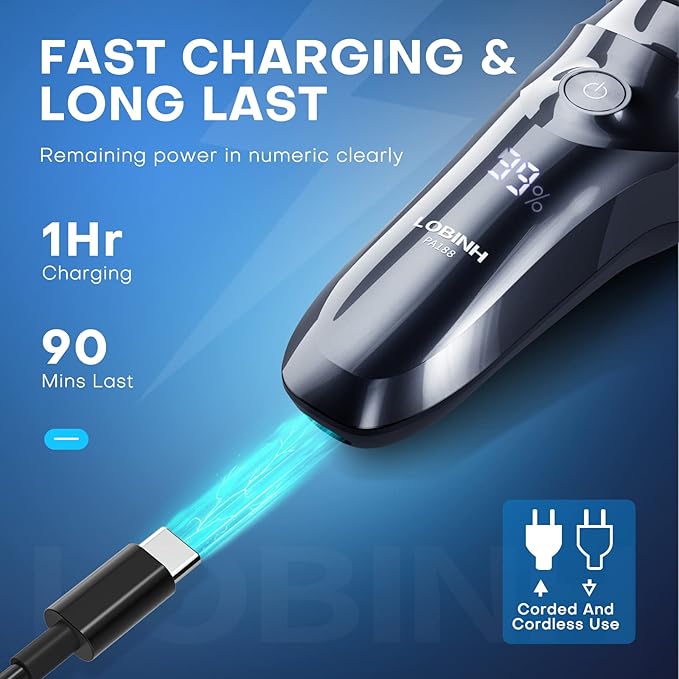 Men's 3D Waterproof Electric Shaver, Wet & Dry, Cordless Rotary Razor, Pop-up Trimmer, 1 Hour Fast Charge, 4D Floating Head