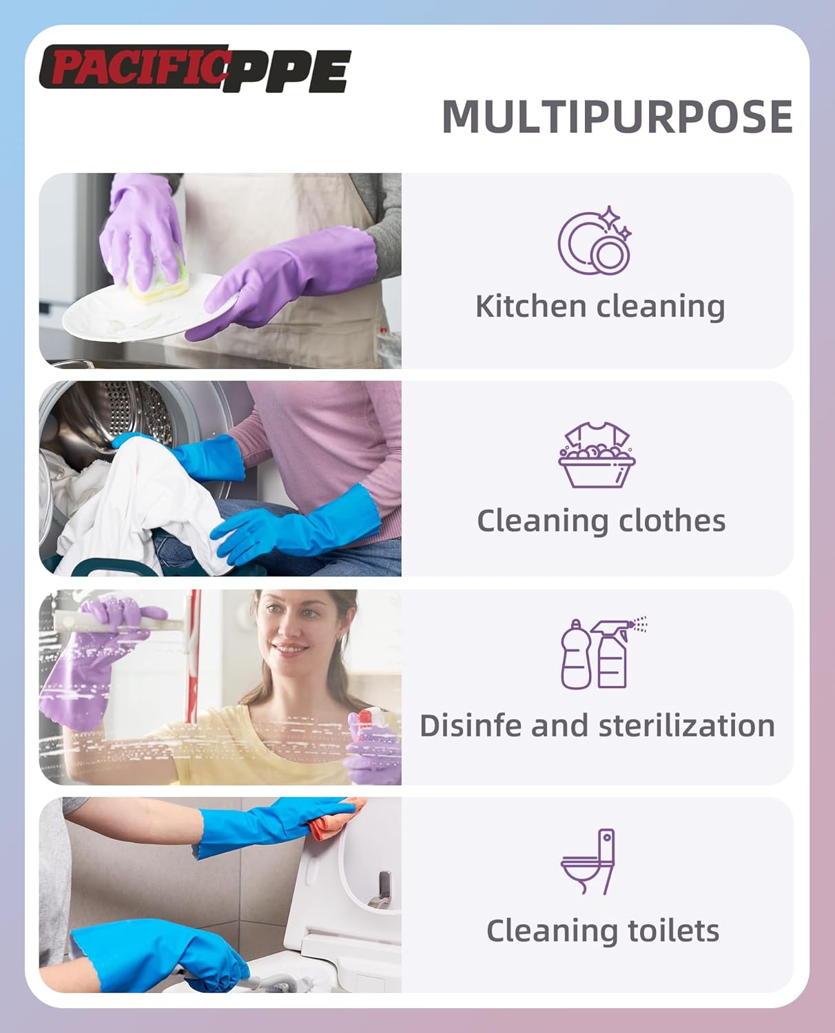 PACIFIC PPE 2 Pairs Reusable Dishwashing Cleaning Gloves with Latex Free, Cotton Lining, Kitchen Gloves, Blue, Medium