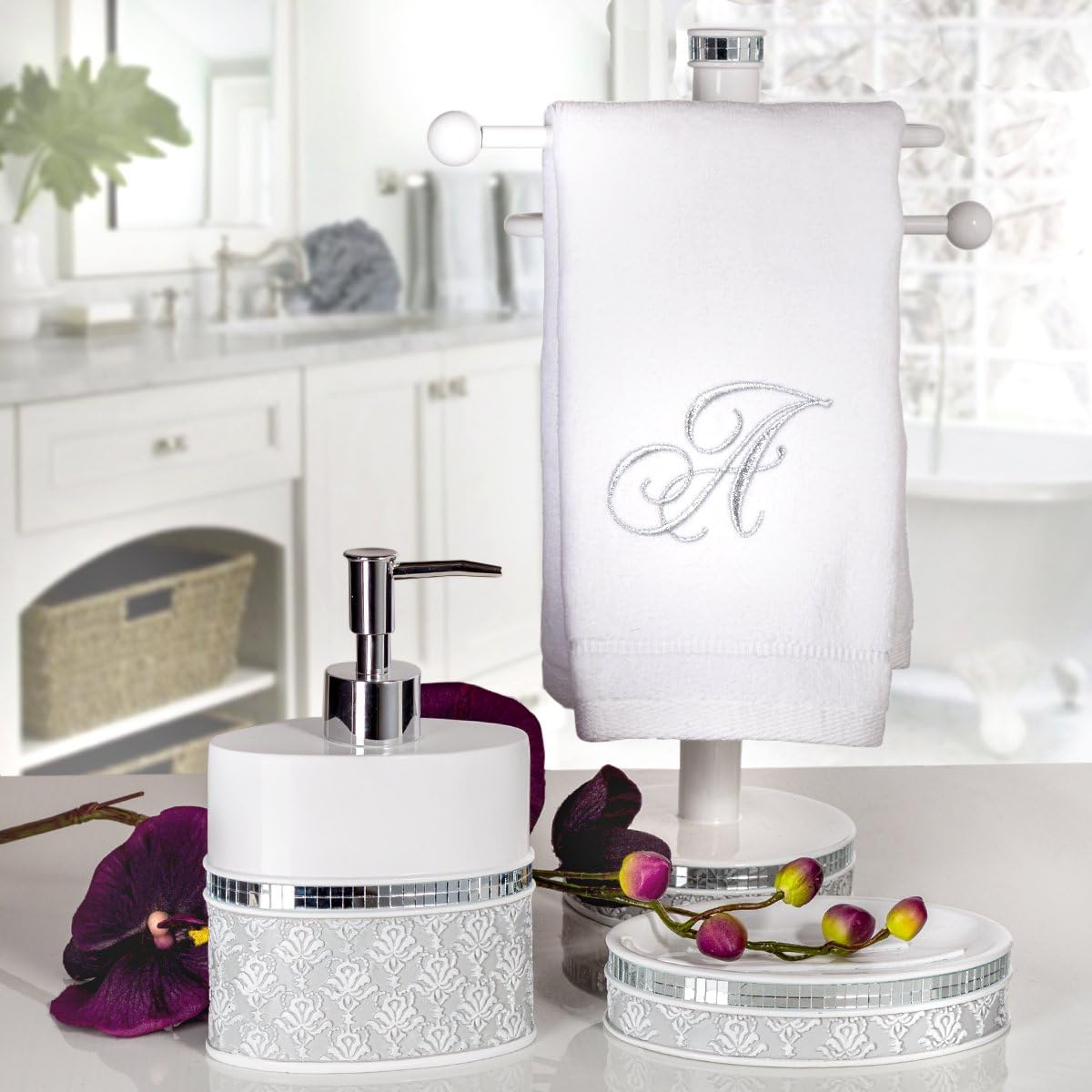 Creative Scents Mirror Damask Soap Dish for Bathroom, Decorative Dry Bar Holder, Best Dishes for Sink/Bath/Shower Decor (Gray & White)
