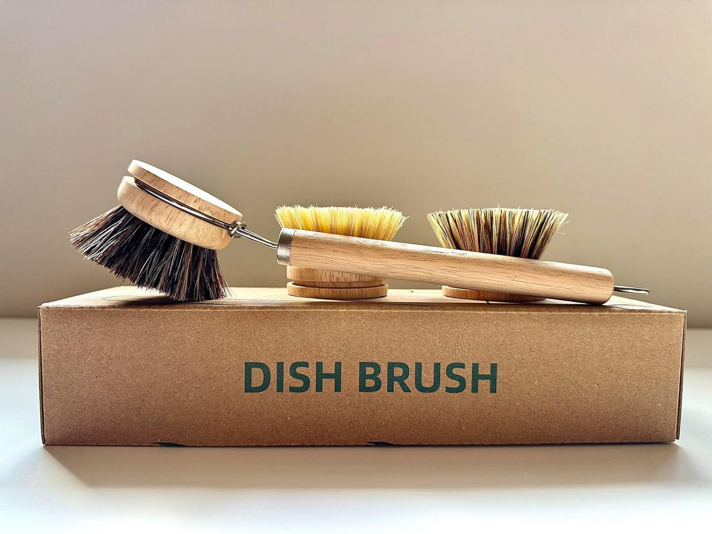 Bamboo Dish Brush with Handle, 1 Sturdy Wooden Handle with 3 Natural Bristle Heads, Horsehair, Sisal, Palm - All Purpose Kitchen Scrubber, Bamboo Wok Brush, Fruit and Veggie Scrubber