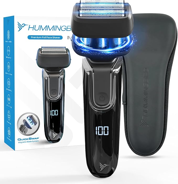 HUMMINGBIRD MK7 Premium Foil Face Shaver, Four Blade Foil Shaver with Long Hair Leveler, Electric Razor for Men, Waterproof Wet & Dry Shave, Cordless USB-C Rechargeable, LED Display, Travel Case