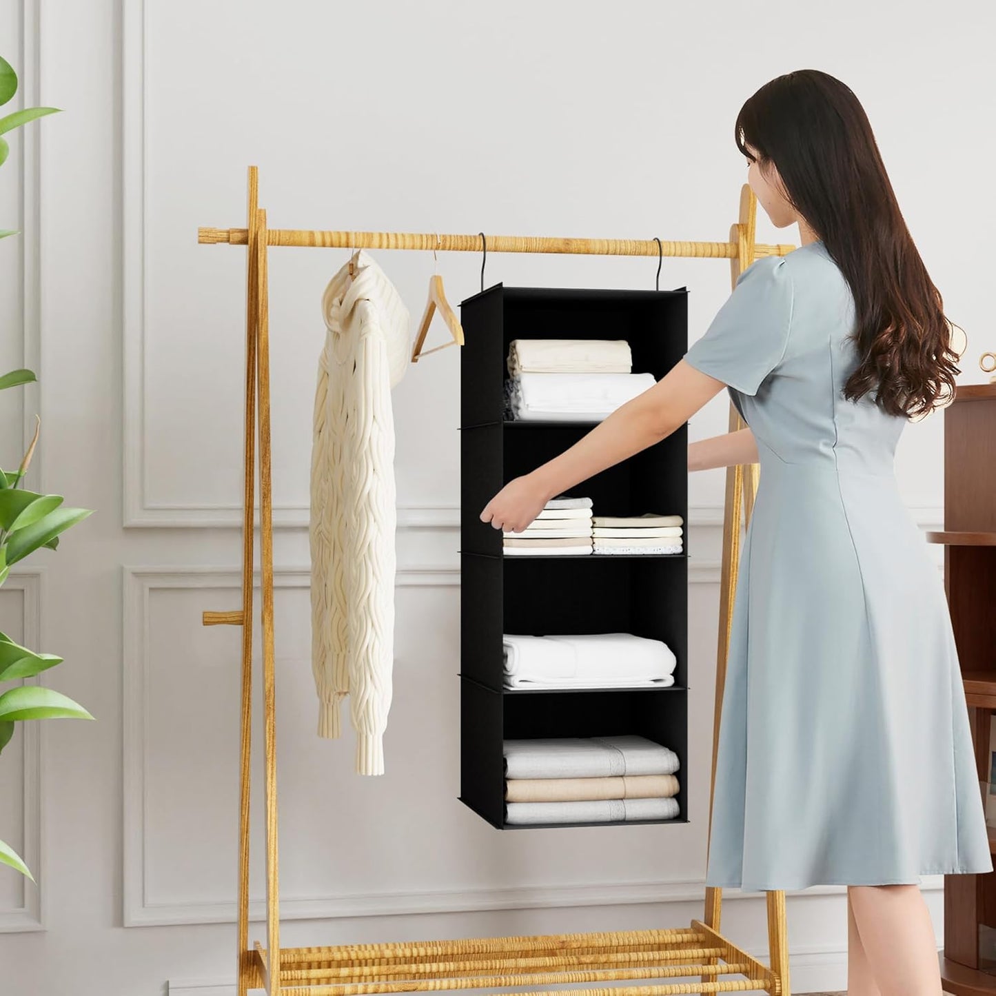 Hanging Closet Organizer, Easy Mount Foldable 4-Shelf Hanging Closet Wardrobe Storage Shelves, Clothes Handbag Shoes Accessories Storage, Washable Oxford Cloth Fabric, Black