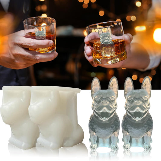 3D French Bulldog Ice Cube Molds Tray Silicone for Whiskey, Cocktail, Coffee Juice Drink; Fun Animal Shape, Christmas Gifts for Bulldog Lovers, Women, Kids; Chocolate Epoxy Resin Molds 2 Pack