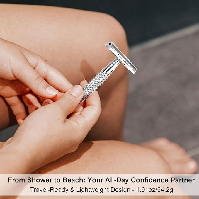 Double Edge Safety Razor for Men and Women, Single Blade Razors, with 10 Stainless Steel Blades, Reusable Metal Razor, Smooth and Close Shave, Sustainable, Plastic Free, Silver