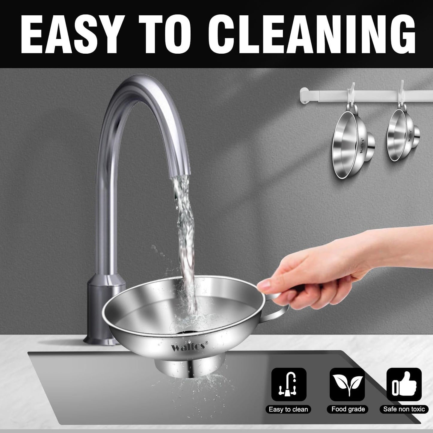 Walfos 2 Pack (4in & 5.5in) Stainless Steel Wide-Mouth Funnel with Handle for Wide and Regular Mason Jars Canning Jars, Wide-Mouth Funnels for Kitchen Use,Transferring Liquid and Dry Ingredients