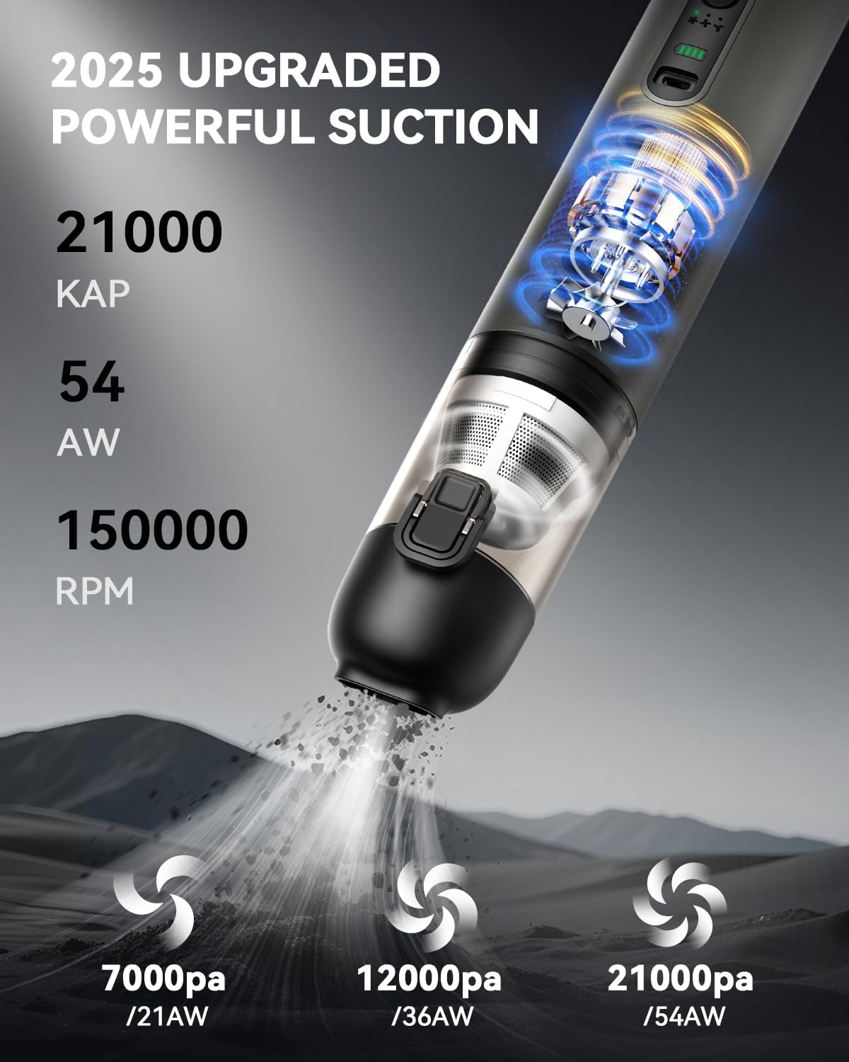 Car Vacuum, Handheld Vacuum Cordless with 21000Pa Powerful Suction & 3 Modes, 4-in-1 Portable Hand Held Mini Vacuum Cleaner Rechargeable, Ultra Light for Car Home Office (Silver)