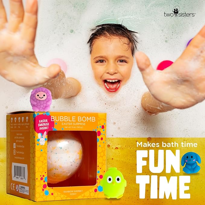 Easter Bath Bombs for Kids with Surprise Squishy Toys Inside (1 Pack) - Easter Basket Essentials and Stuffers - Releases Bubbles & Colors, Moisturizing, Large Bath Bomb for Girls & Boys by Two Sisters