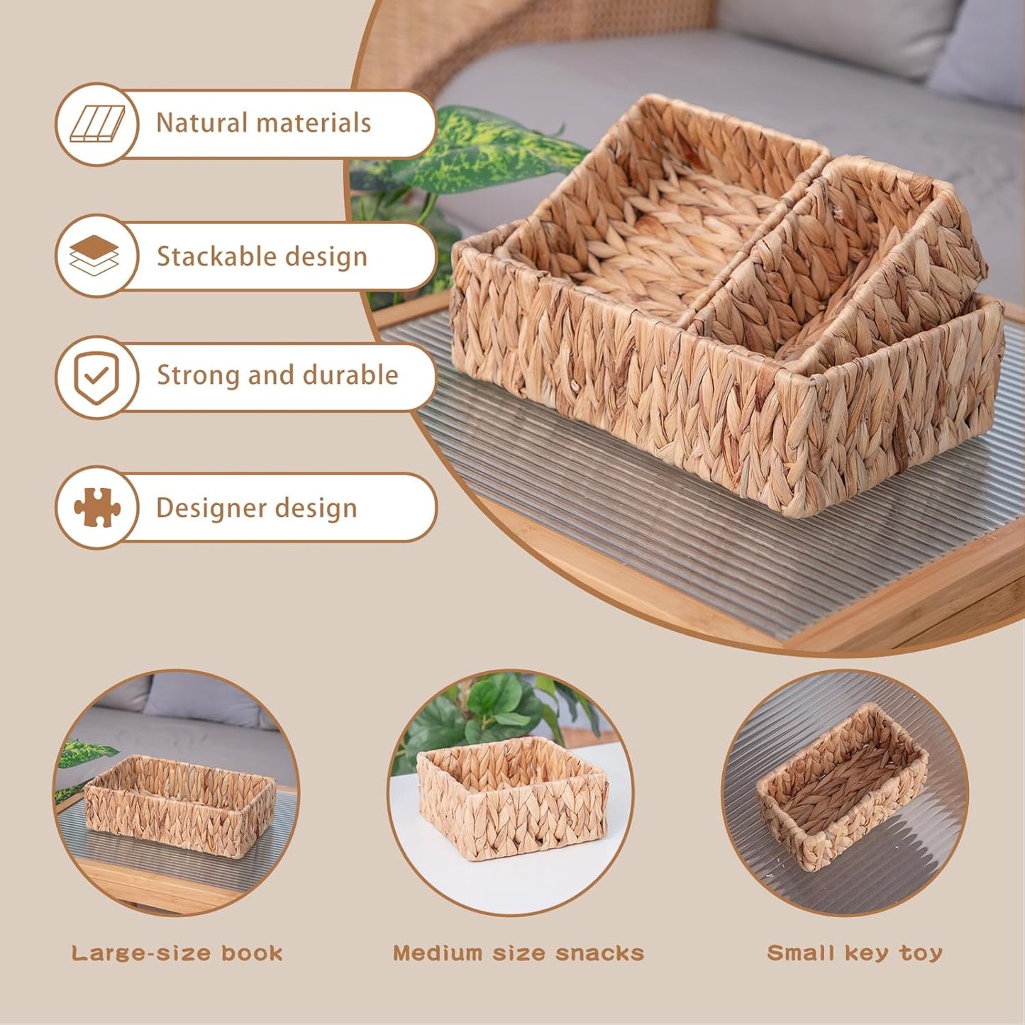 Handwoven Wicker Storage Baskets Set, Natural water hyacinth & Iron Frame | Triple Sizes (Small, Medium, Large) for Home Organizing, Bathroom, Shelves | Woven Baskets for Storage & Decor (Natural)