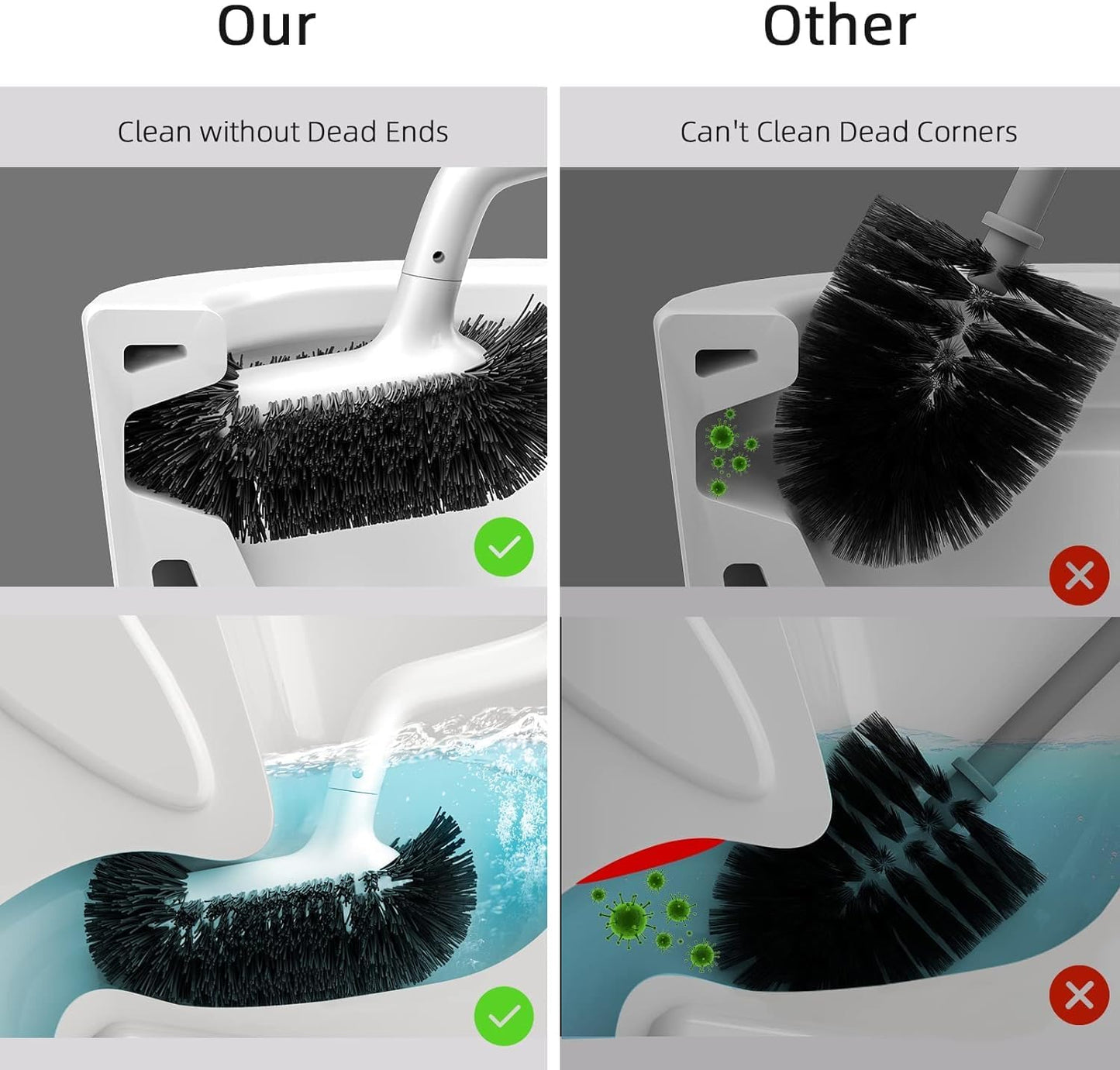 HAMITOR Toilet Bowl Brush Holder Set: Deep Cleaning Brushes with Curved Design - Ergonomic Long Handle for 360° Dead Corner Clean with Replacement Brush - Bathroom Accessories for RV Apartment