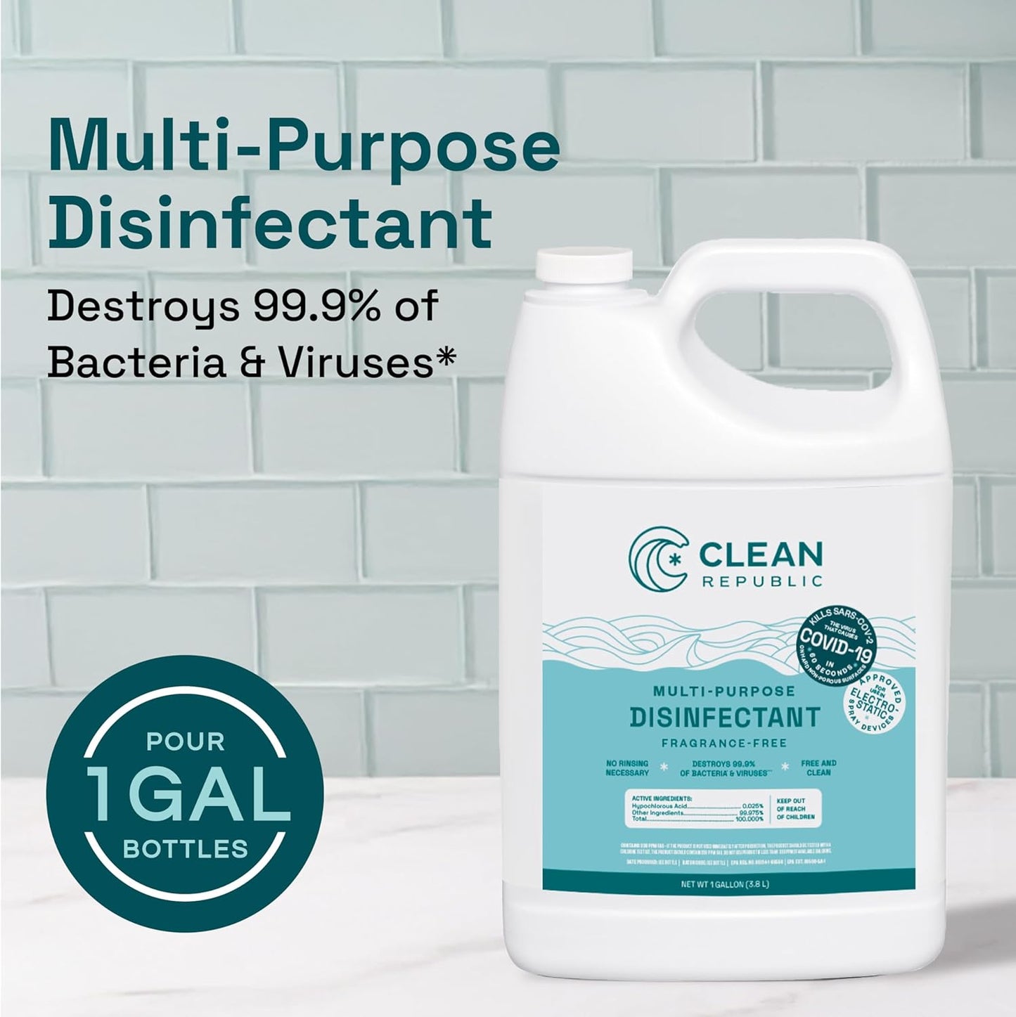 Clean Republic Multi-Purpose Disinfectant Cleaner, 1 Gallon Bottle, 4-Pack