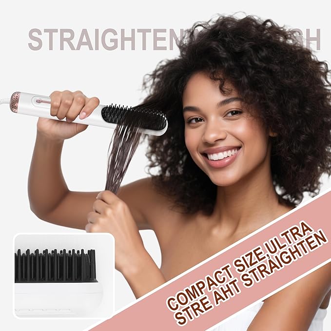 Hair Straightener Brush - Straightening Comb with Negative Ions for Women, 10 Temp Settings Dual Voltage Professional Styling Tools, Anti-Frizz
