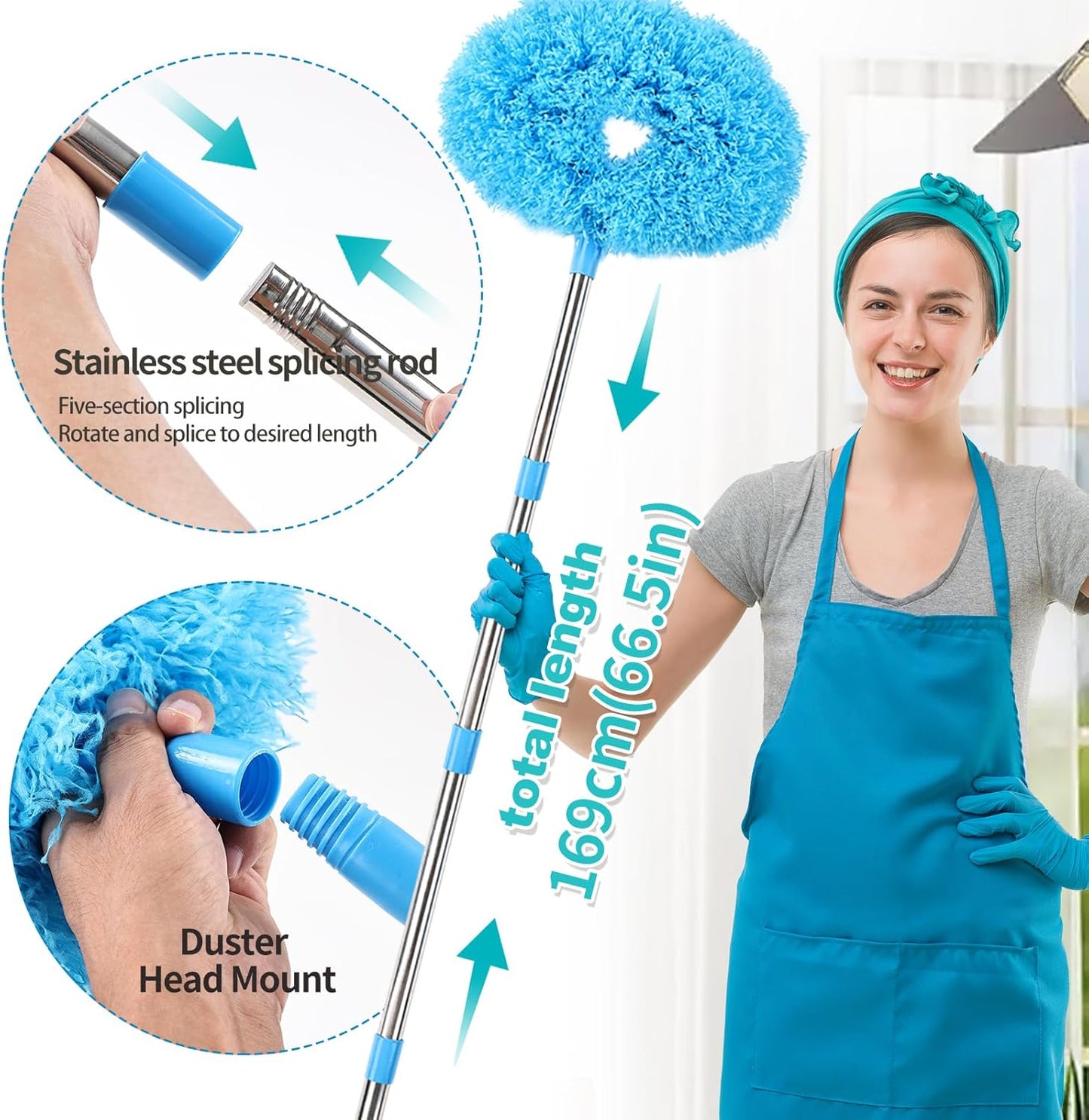 Ceiling Fan Cleaner Duster Reusable Microfiber Removable Duster with Extension Pole Adjusts 12 to 71 Inch for Cleaning Walls Bookshelves Furniture Door Window Top (Blue)