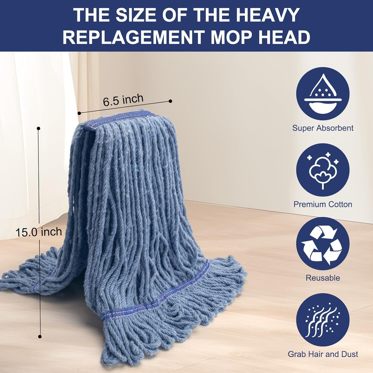 KeFanta 6 Pack Heavy Duty Commercial Mop Head Replacement,Wet Industrial Cotton Looped End String Mops Refill for Floor Cleaning,Blue