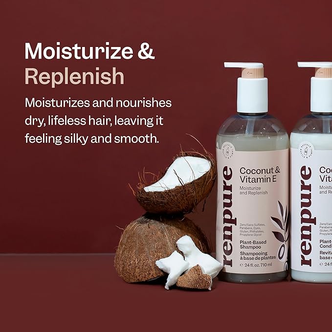 Renpure Coconut & Vitamin E Shampoo & Conditioner Set, Plant-Based – Nourishes & Seals In Moisture For Soft, Healthy Hair – For Dry, Lifeless Hair – Coconut Oil & Vitamin E - 24 Fl Oz each, 2 Pack