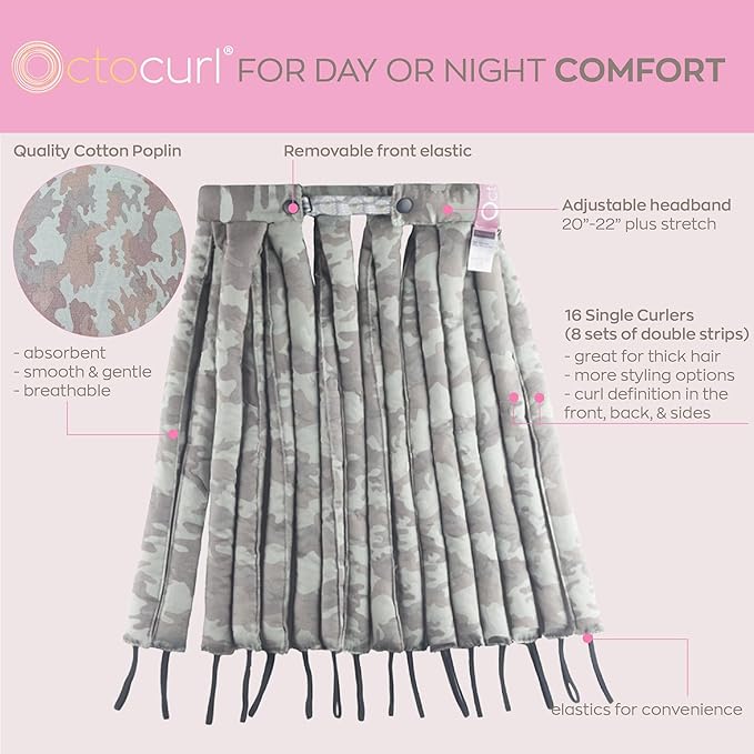 Octocurl Heatless Curls Headband - Hair Curlers to Sleep In - Heatless Curlers for Long Hair (Cotton - Camo)