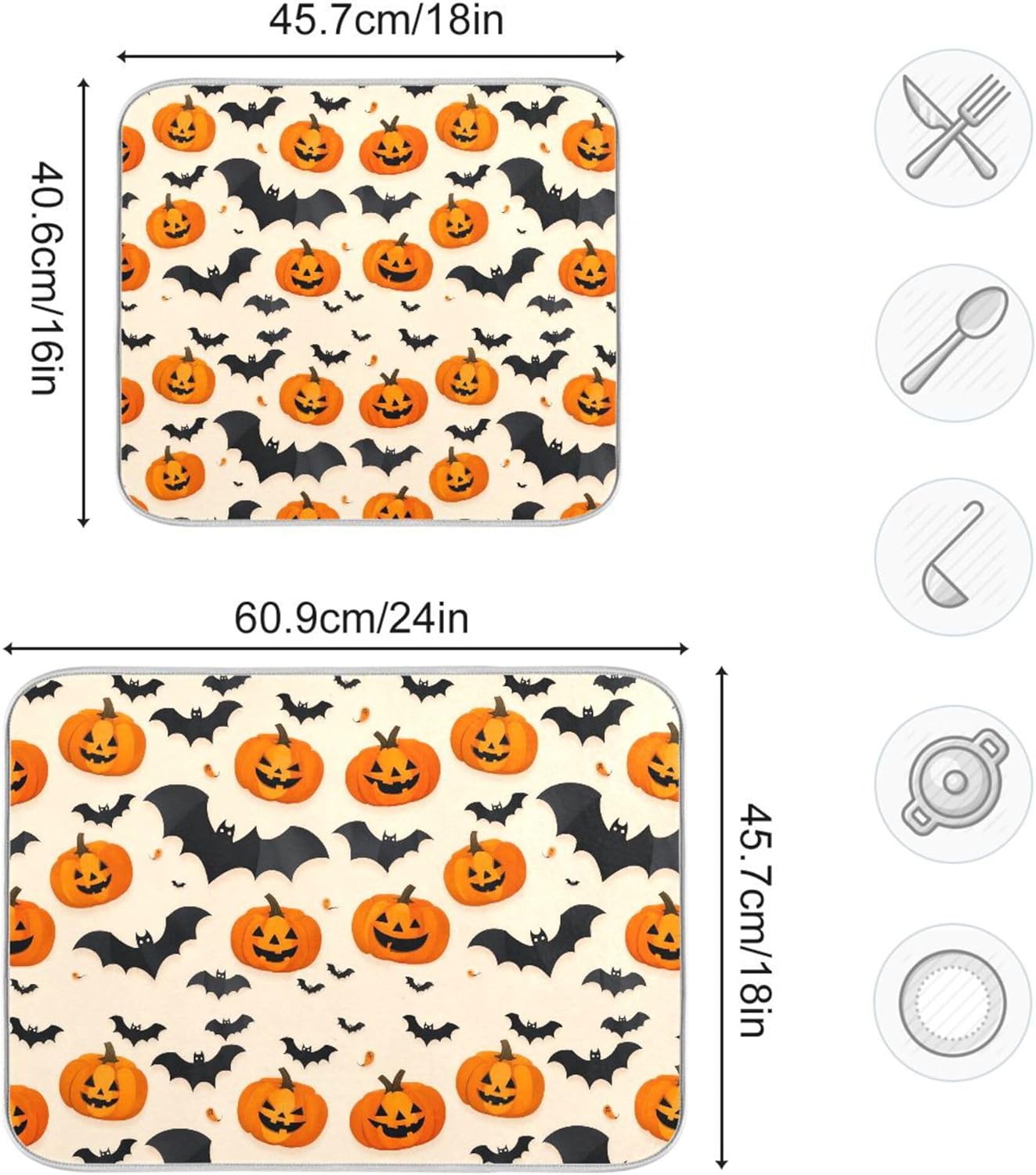 Halloween Black Bat Dish Drying Mat for Kitchen Countertop 18x24 Spooky Evil Pumpkin Lantern Large Drying Mat Reusable Quick Dry Dish Sink Mats Easy Clean Decorative Essentials