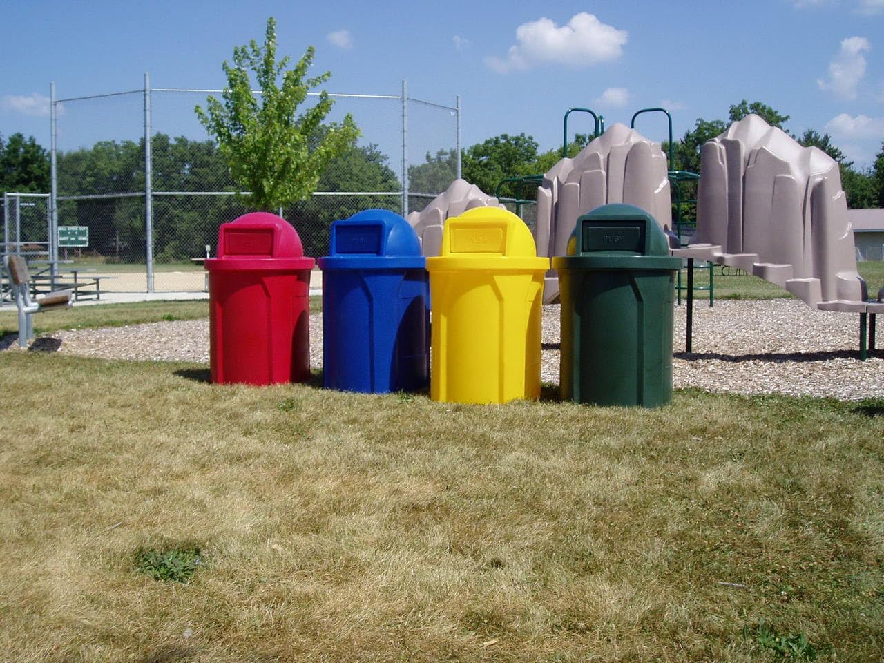 42 Gallon Round100% Recycled Plastic Heavy Duty Outdoo Trash Can with Push Lid and Internal Liner - Great for Schools and Businesses - Blue