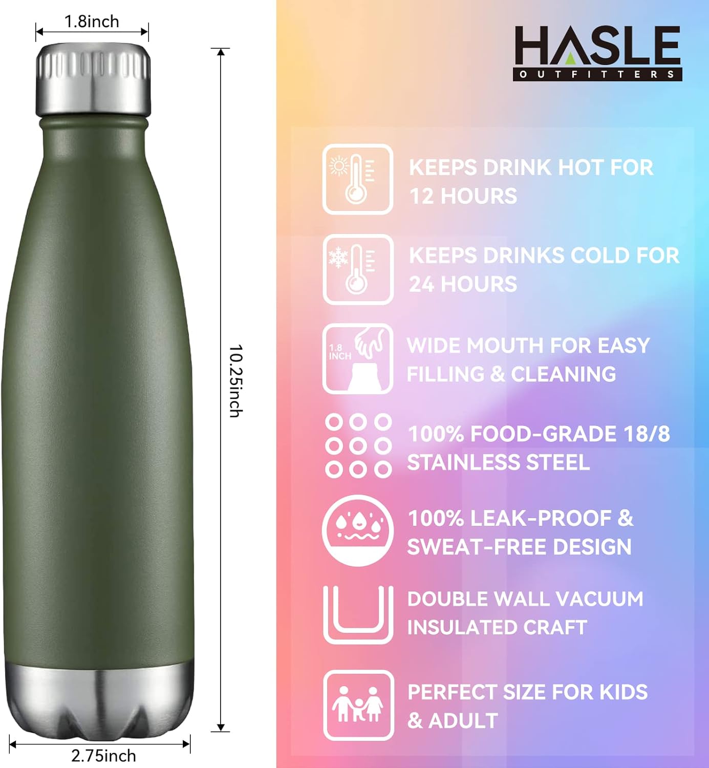 HASLE OUTFITTERS 17oz Stainless Steel Water Bottles Bulk, Vacuum Insulated Double Walled Powder Coated Reusable Metal Sports Water Bottles Keep Drinks Hot and Cold, ArmyGreen, 8Packs