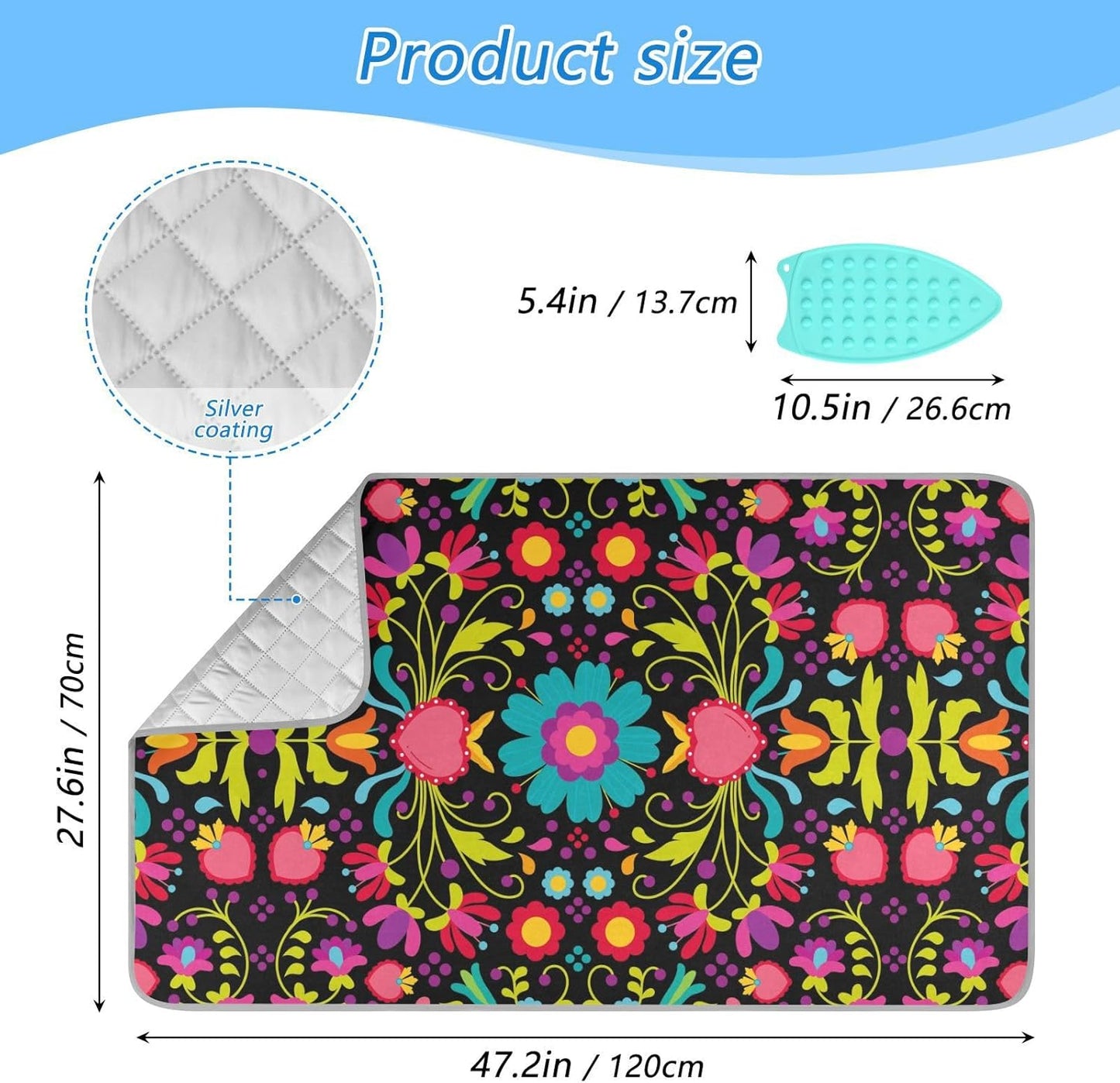 Ironing Mat Thickened Ironing Blanket Travel Portable Double-Side Using Ironing Pad Travel Isolate Heat Pad Cover for Washer Dryer Table Top Countertop (27.6x47.2in) Boho
