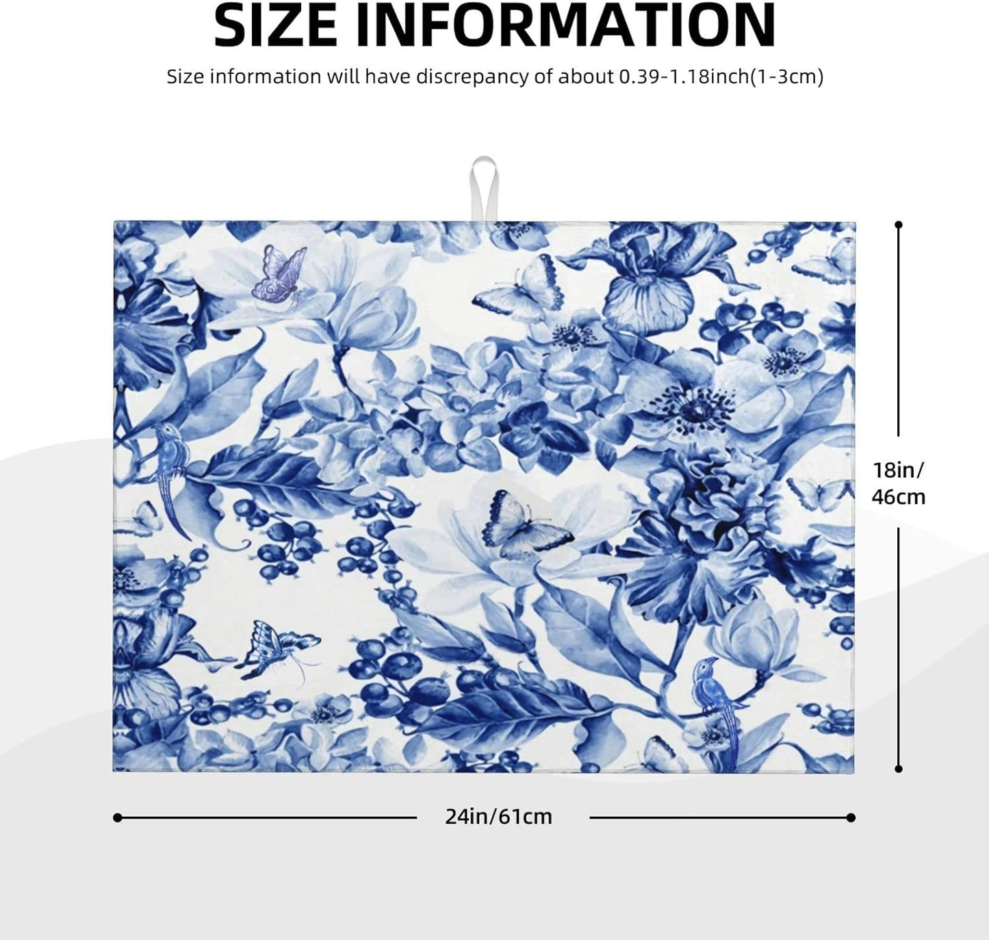Chinoiserie Blue And White Floral Butterfly Dish Drying Mats For Kitchen Counter Microfiber Absorbent dish Mat Xl Reversible Drying Mats For Countertop 18 Inch X 24 Inch