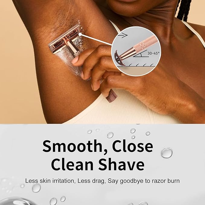 Shiny Rose Gold Safety Razor, Single Blade Razors for Women, with 10 Stainless Steel Double Edge Blades, Reusable Metal Razor, Eco-Friendly, Smooth and Close Shave, Sustainable, Plastic Free