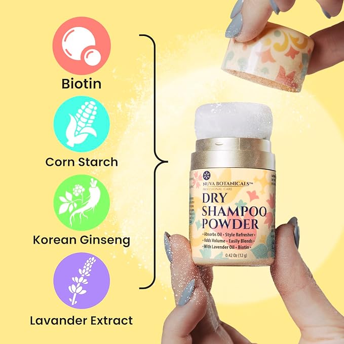 Non Aerosol Dry Shampoo Powder with Biotin - Lavender Extract and Korean Ginseng - Volumizing Travel Size (0.42 oz) - Gifts for Her