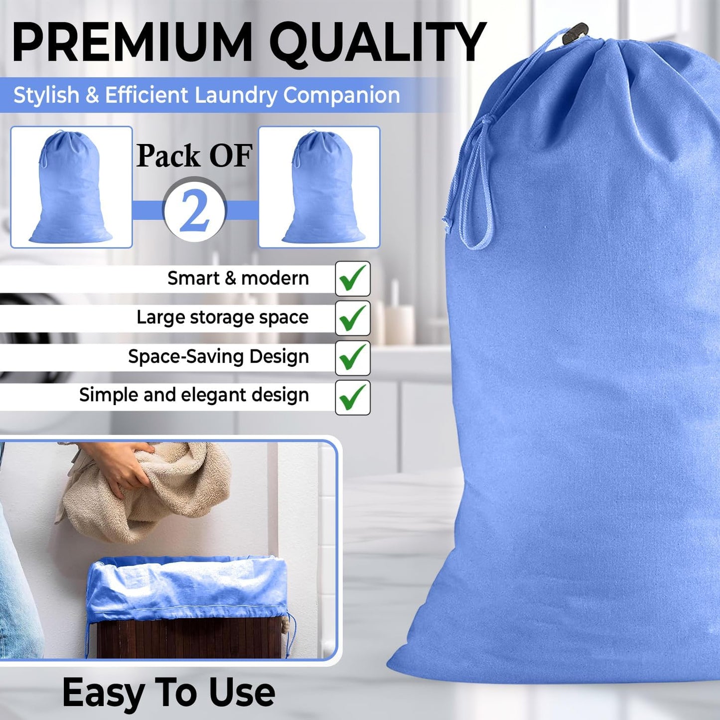 2 Pack - Extra Large Cotton Laundry Bag, Heavy Duty Large Laundry Bags 24 x 36 inch XL Drawstring Travel Organizer Bag Fit Hamper Basket Camp (BLUE, Pack of 2)