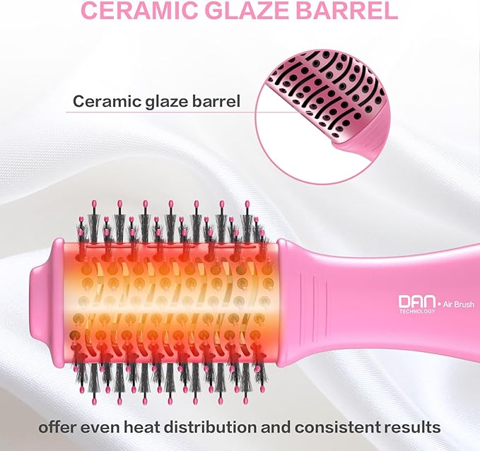 Dan Technology Blow Dryer Brush Hair Dryer Brush Hot Air Blowout Brush 120V 3 Speeds Oval Shape Volumizer Straightener Brush Faster Drying Mini Size Lightweight (Pink)