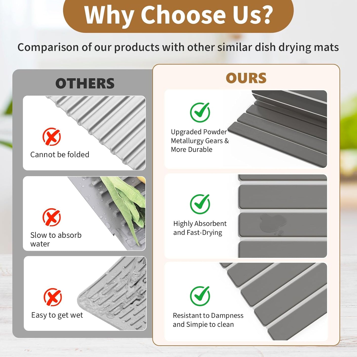 Stone Dish Drying Mats for Kitchen Counter,23.6''x15.3'' Foldable Quick Dry Stone Mat Kitchen,Eco-Friendly,Absorbent Diatomaceous Earth Mats for Dishes Bottles Cups Bathroom Any Countertop-Dark Gray