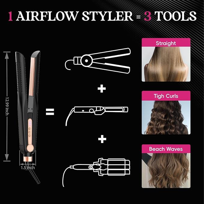 SKIMI Airflow Styler, Titanium Flat Iron Hair Straightener, Professional Curling Iron with Cooling Air Vents to Lock in Style, 5 Temps & Dual Voltage, Auto Off(Black & Champagne).