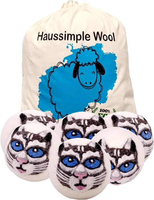 Wool Dryer Balls Organic Felt 6 Pack Laundry Fabric Softener, Extra Large Reusable Handmade Natural Sheep Wool Lint Wrinkle Free Anti Static Baby Safe (Gray Cat)