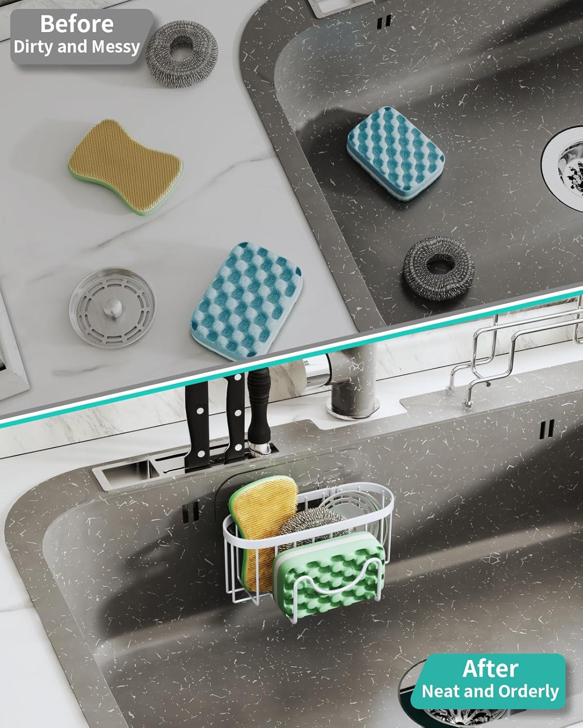 HapiRm Sponge Holder for Kitchen Sink - Sink Caddy with Unique M-Shaped, 2 Installation Methods Kitchen Organizer, Rustproof Stainless Steel Sponge Caddy - White