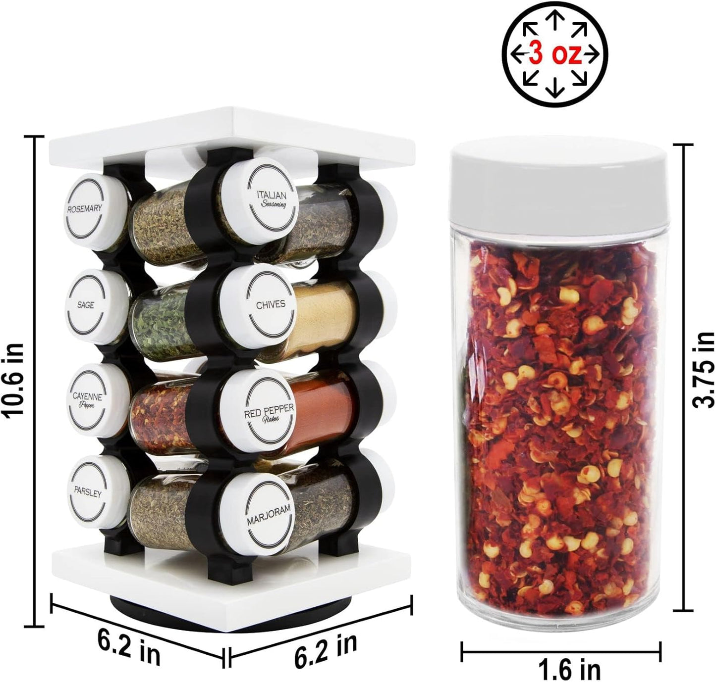 Orii Spice Rack 16 Jar Set White Filled with Spices - Rotating Standing Rack Shelf Holder & Countertop Spice Rack Tower Organizer for Kitchen Spices