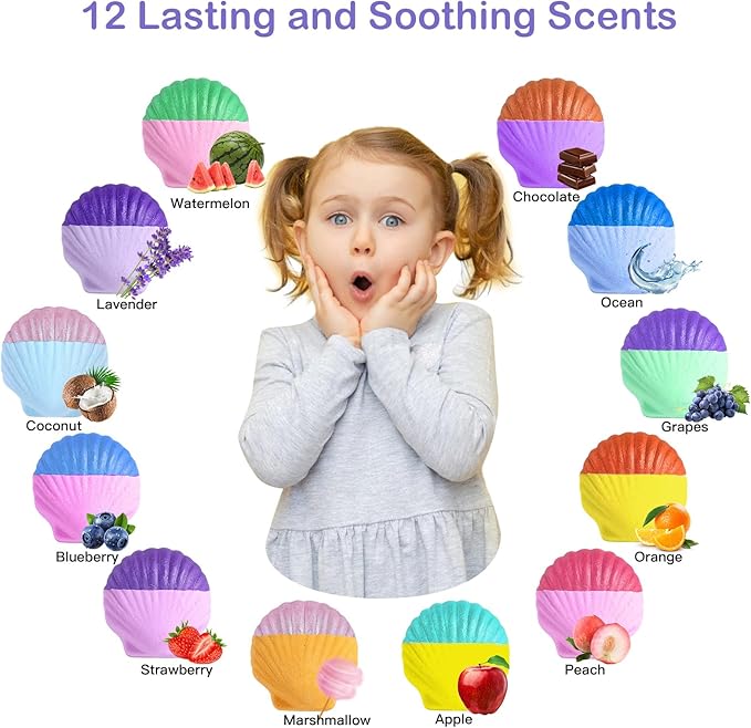 Mermaid Bath Bombs for Girls with Surprise Inside, 12pcs Shell Girls Bath Bombs with Mermaid Jewelry Toys for Kids, Kids Bubble Bath Bomb 3 4 Year Old Girl Easter Birthday Gift Mermaid Party Favors