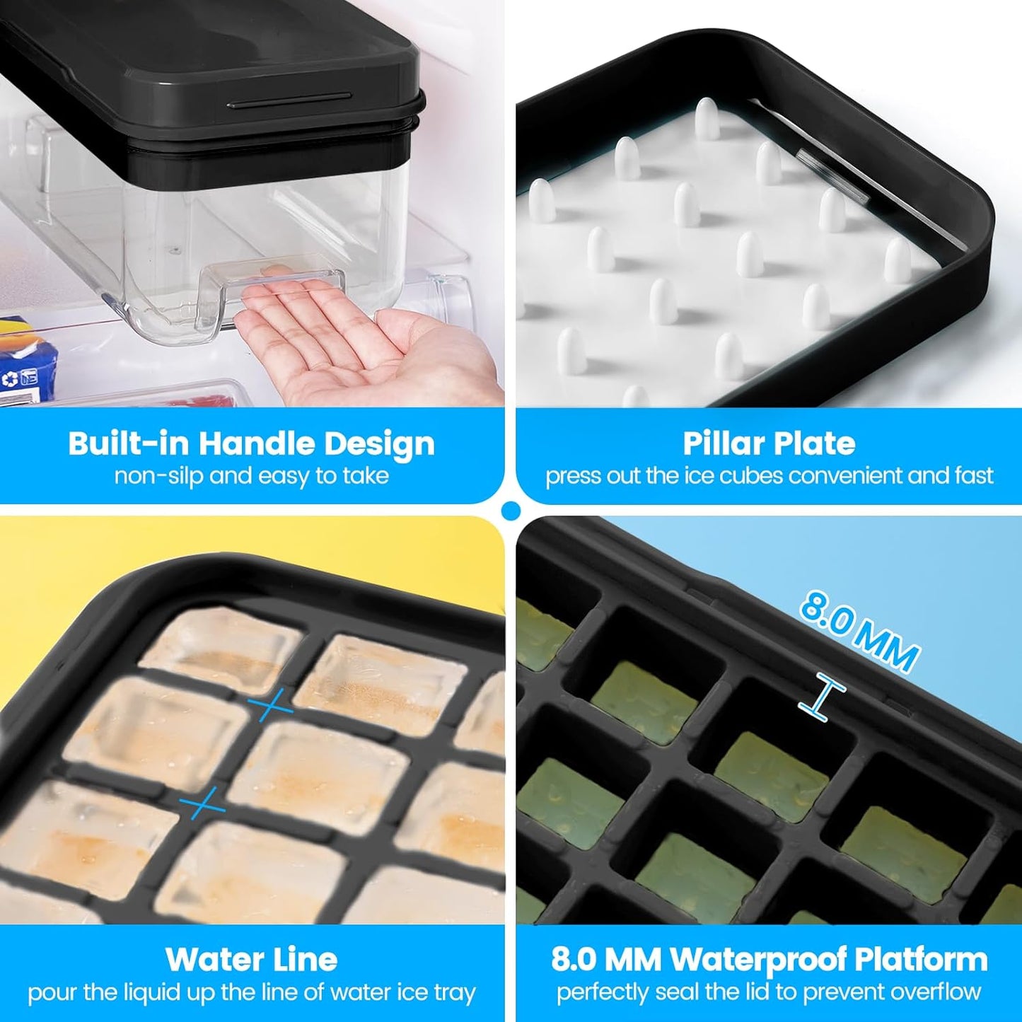 Ice Cube Tray with Lid and Bin, 32 pcs Ice Trays, Easy to Release Ice Trays for Freezer, Ice Cube Tray Mold, with 1 tray, Ice Freezer Container for Whiskey, Cocktail, Black