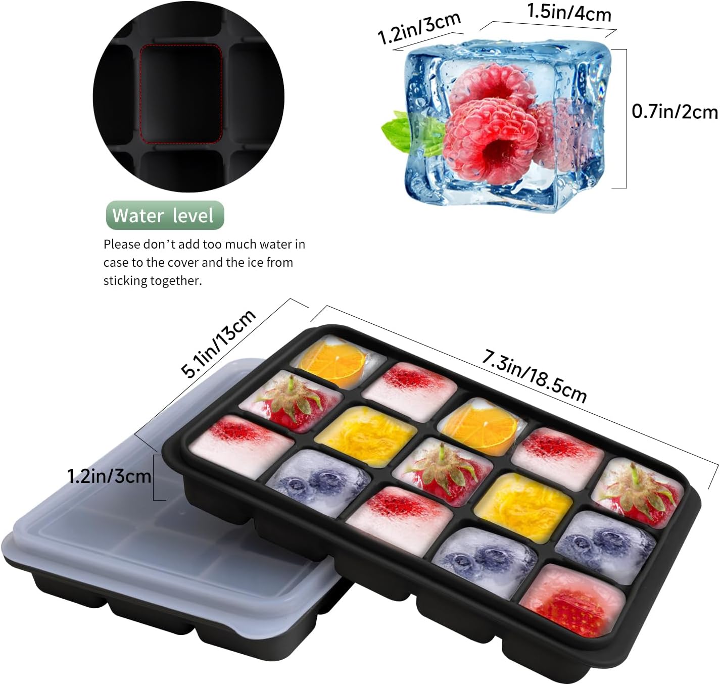 Tvmania Ice Cube Trays Set of 2, Easy Release 15 Flexible Silicone Ice Cube Molds with Removable Lid Reusable Freezer Ice Trays Stackable for Whiskey, Baby Food, BPA Free (black)