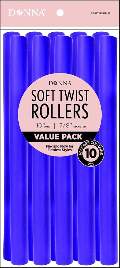 DONNA 10″ Soft Twist Hair Rollers – Flexible Foam Curlers for Heatless Styling, 7/8″ Diameter, Pack of 10 – Ideal for Natural Hair, Curls & Overnight Styles – Purple