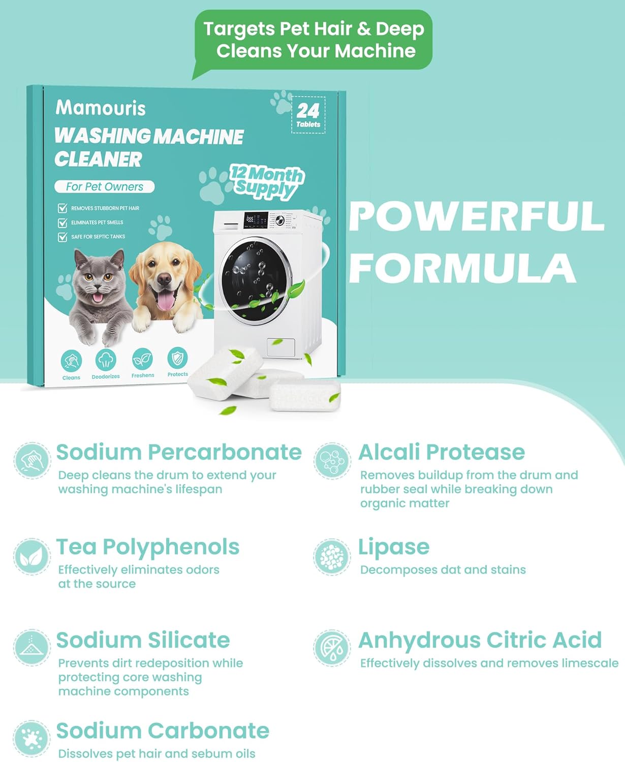 Washing Machine Cleaner Tablets: 24 Pack Deep Cleaning For HE, Front Loader & Top Load Washer, Removes Pet Hair, Odors, Formulated for Pet Owners, Septic Safe, 12 Month Supply, 11G