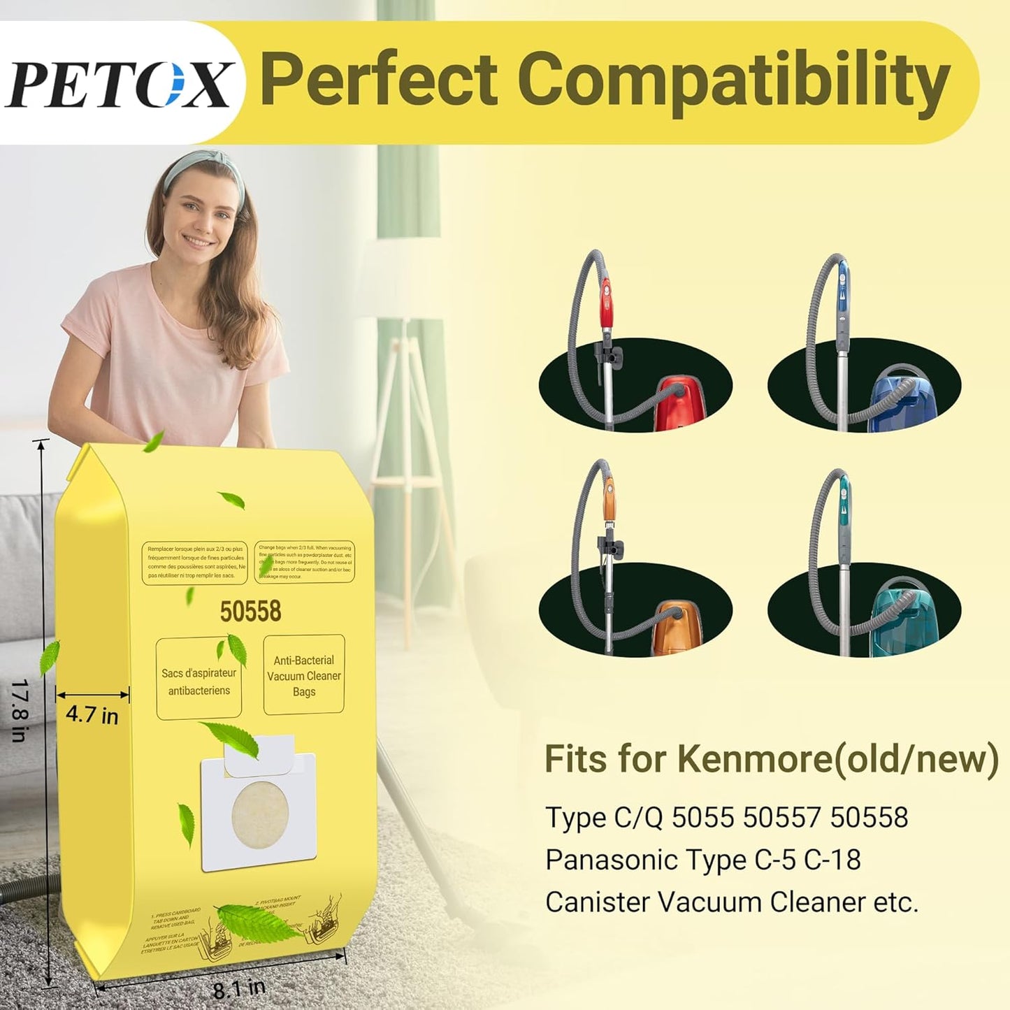 50558 Vacuum Cleaner Bags Replacement for Kenmore Canister Type C/Q 5055, 50555, 50557, 50558 and Pana·sonic Type C-5, C-18, 200 Series, 400 Series, 600 Series, 800 Seires Vacuum - 10 Pack