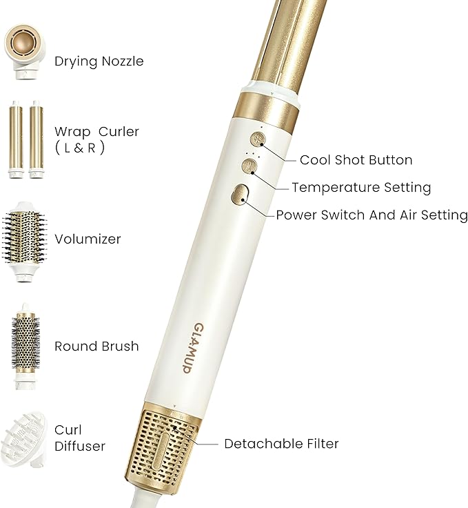 GLAMUP® Dual Voltage 6 in 1 Hot Air Styler, Upgraded Long Barrel, Diffuser, Round Brush, Powerful High Speed Dryer, Tight Grip, Curling Volumizing Gift Set with Bag, Travel Friendly