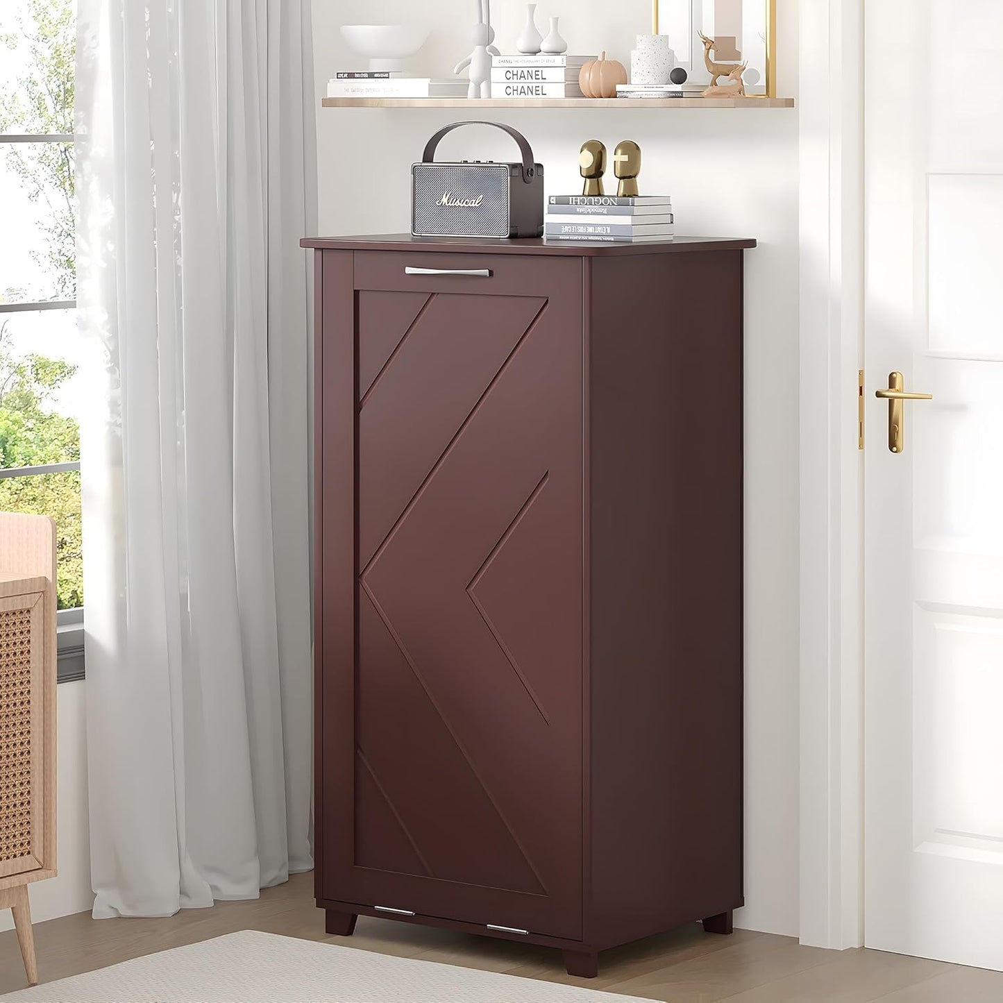 VECELO Tilt Out Kitchen Trash Bin Cabinet, Dog Proof Garbage Can with Wood Holder Free Standing Recycling, Brown