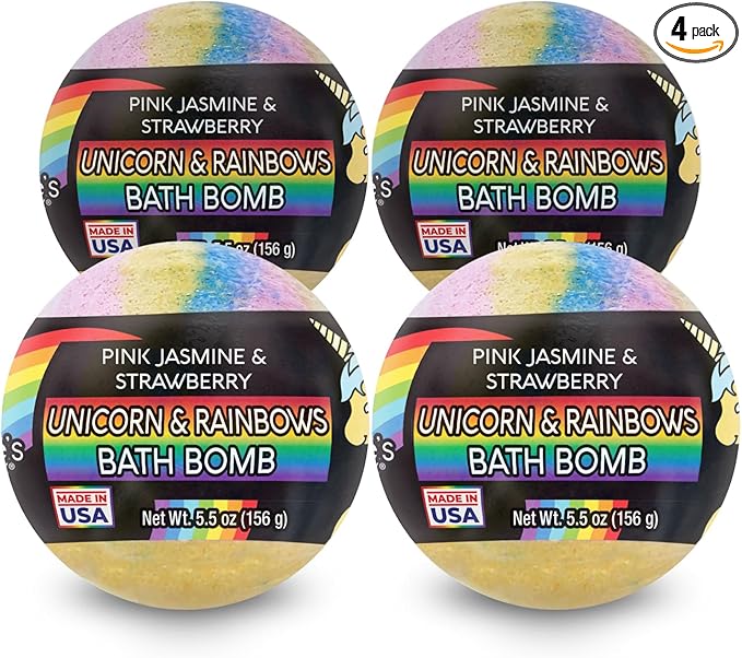 Nature's Beauty Unicorns & Rainbows, Pink Jasmine & Strawberry Scent Bath Bomb for Kids Multi-Pack - Natural, Non-Staining, Fun Bubbly Fizzy Spa Bomb, Made w/Coconut Oil + Witch Hazel, 5.5oz (4 Pack)