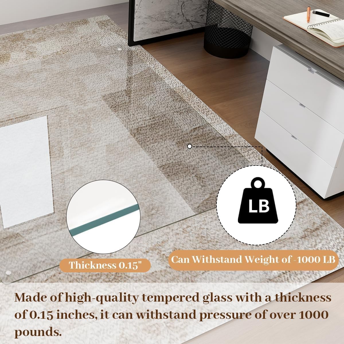 [Tempered Glass] 36" x 55" Glass Chair Mat, Heavy Duty Hard Floor Mat with Round Corner and Polished Edge, Office Chair Mat for Carpet Office Home Hardwood Floor Desk
