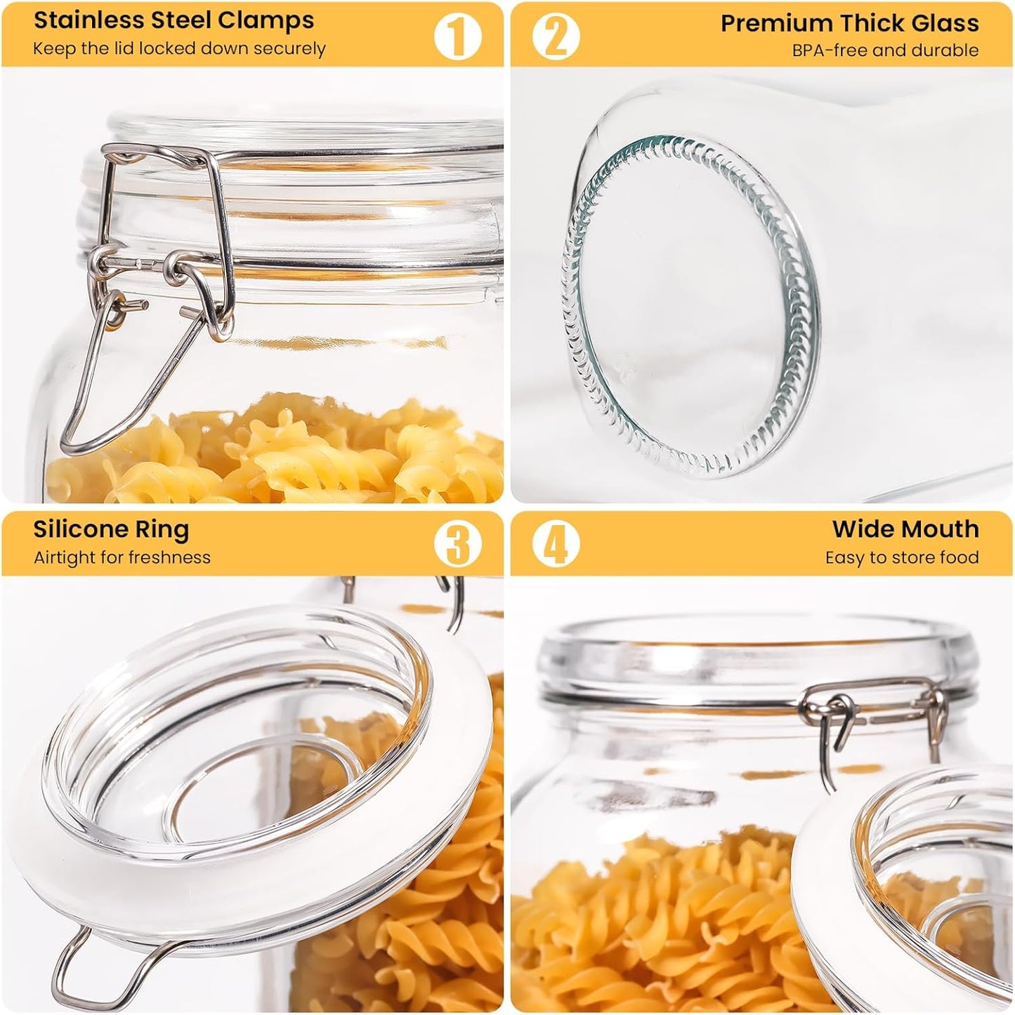 Glass Jars with Airtight Lid, Large Glass Food Storage Jars, 3 Pack Wide Mouth Airtight Glass Jars ffor Flour, Cereal, Coffee, Pasta and Canning(70OZ)