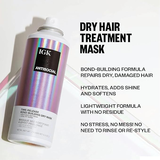 IGK Antisocial No-Rinse Overnight Dry Hair Treatment Mask Travel Size | Bond-Building Repairs, Smoothes and Softens Hair | Vegan + Cruelty-Free | 1.7 Oz (Pack of 2)