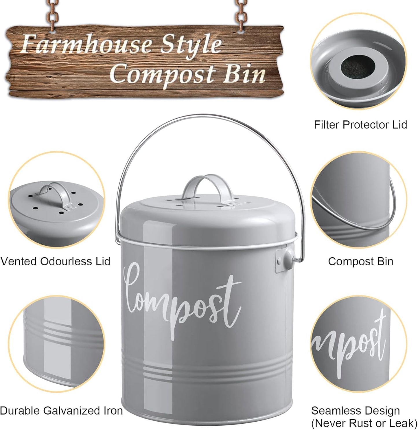 Gray Compost Bin Kitchen, 1.3 Gallon Farmhouse Kitchen Compost Bin Countertop with Lid and Charcoal Filters, Indoor Compost Bucket for Decor and Accessories