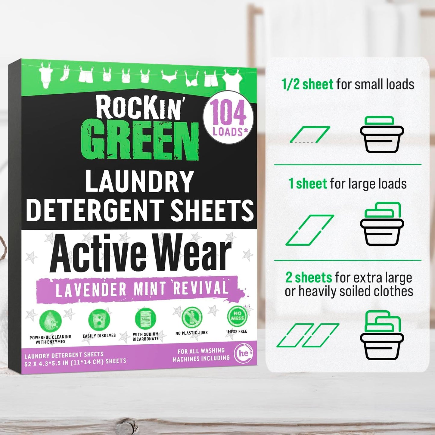 Rockin' Green Active Wear Travel Laundry Detergent Sheets - Mess-Free Laundry Sheet Detergent with Sodium Bicarbonate - Easily Dissolvable Laundry Soap Sheets (104 Loads, Lavender Mint Revival)