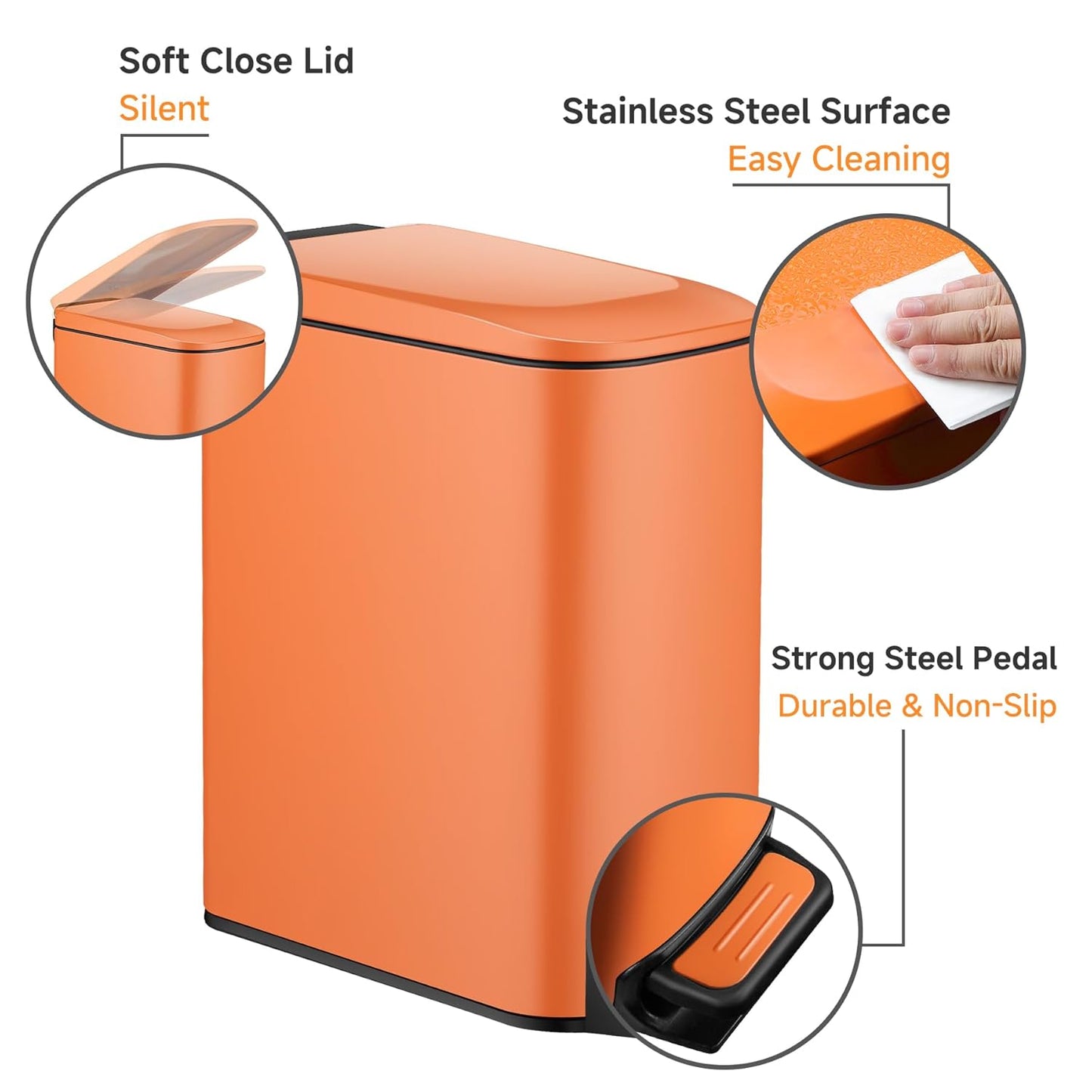 TIPGO Small Bathroom Trash Can with Lid Soft Close, 6 Liter / 1.6 Gallon Stainless Steel Garbage Can with Removable Inner Bucket, Step Pedal, Slim Trash Cans for Bedroom, Office, Kitchen (Orange)