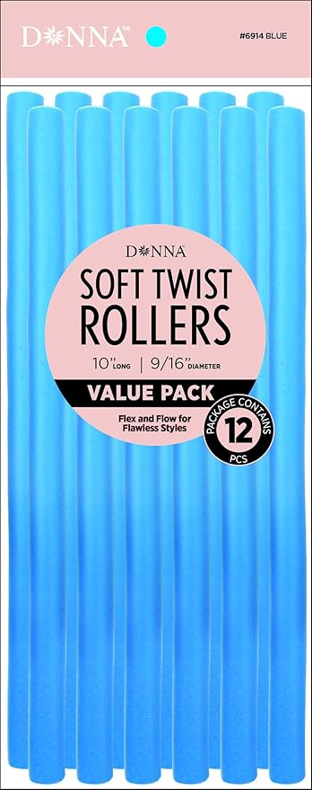 DONNA 10″ Soft Twist Hair Rollers – Flexible Foam Curlers for Heatless Styling – Ideal for Natural Hair, Curls & Overnight Styles (BLUE, 10")